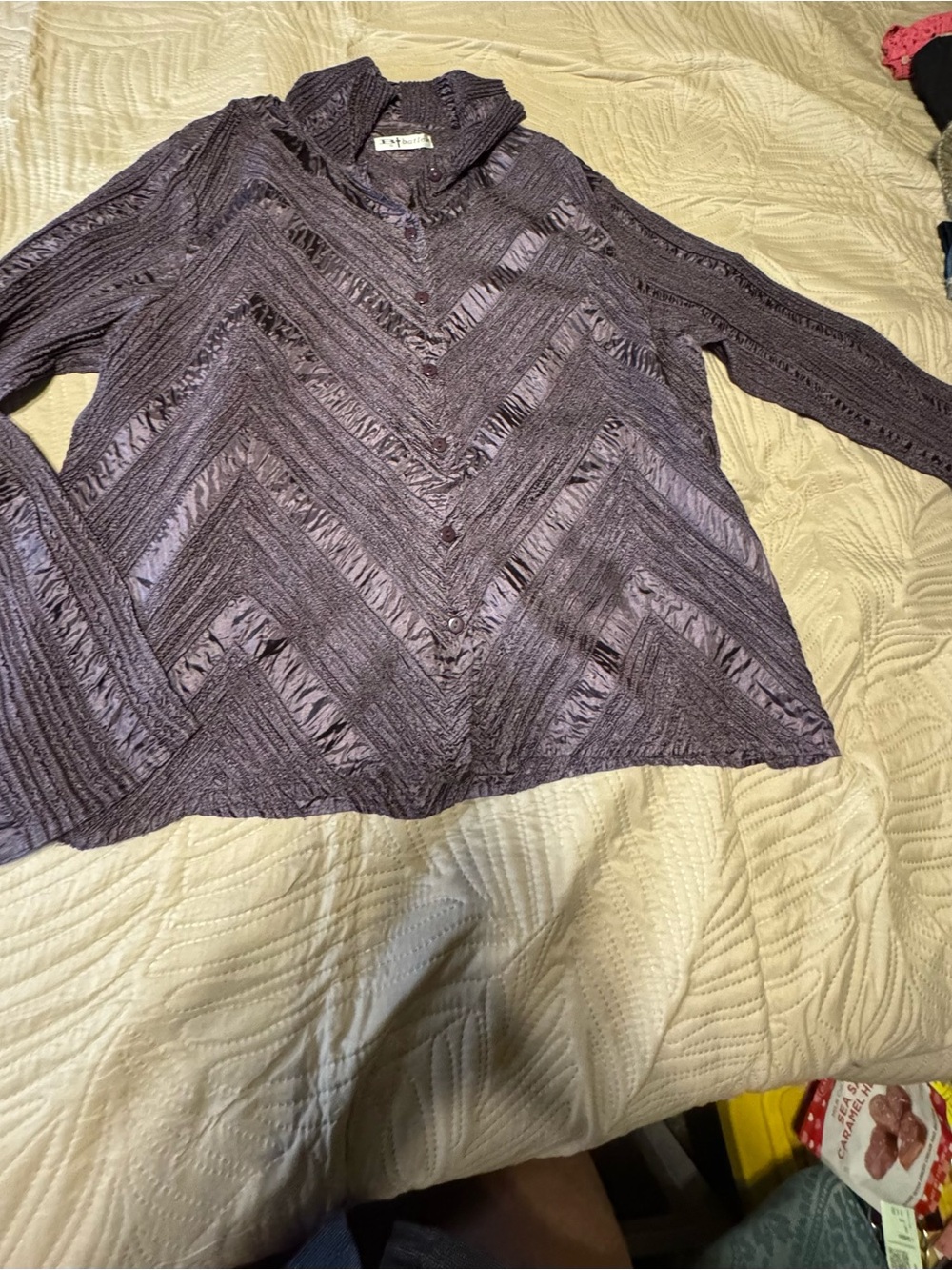 Button-Front Textured Chevron Blouse Jacket - Purple